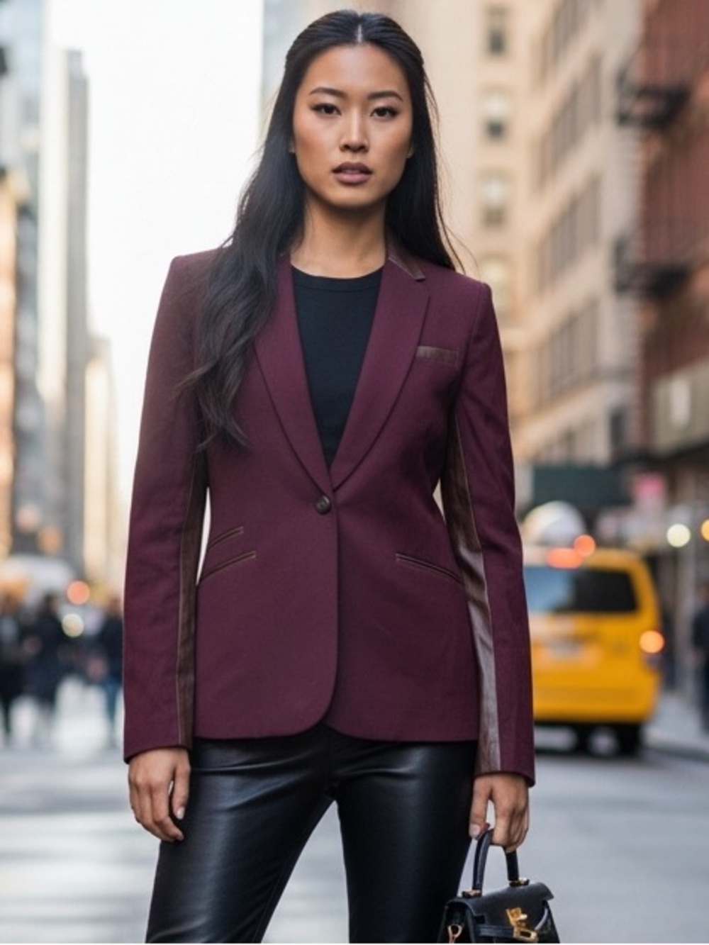 Elizabeth and James * Burgundy Y2K Blazer w/ Leather Collar and Trim Sz 6